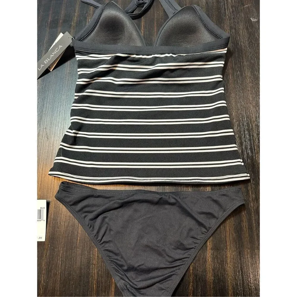 La Blanca NWT set size 4 tankini top & black bottoms striped black and white